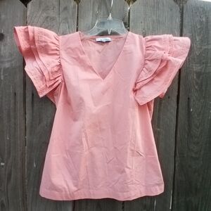 MOELLEUX TOP WOMENS SZ S SALMON PULLOVER RUFFLE SHORT SLEEVE V NECK COTTON